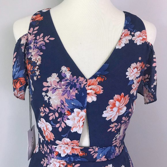 Ali & Jay Los Angeles Anthro Blue Floral Cutout Cold Shoulder Chiffon Mini Dress - Picture 2 of 16
